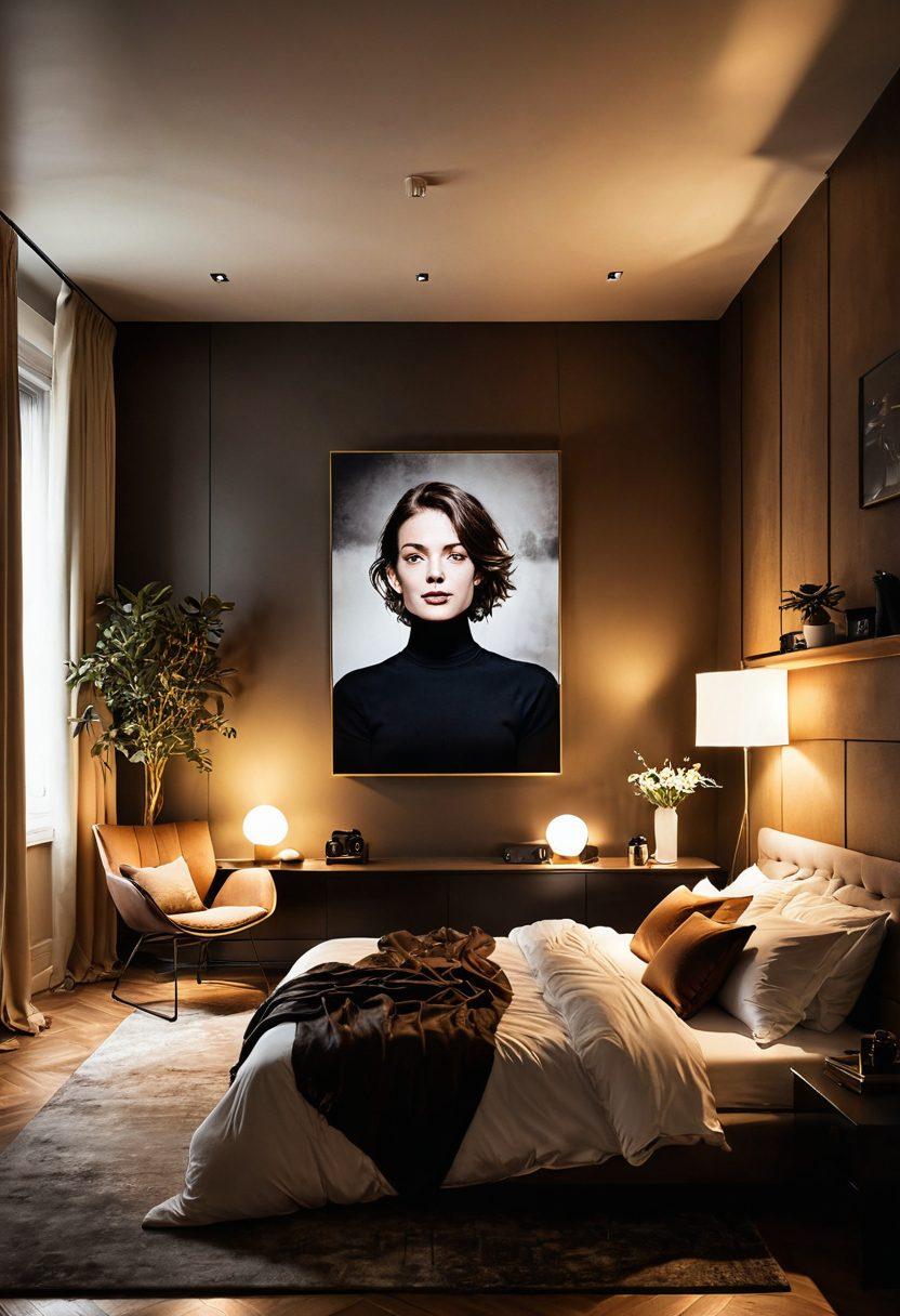 A captivating and stylish composition featuring a dimly lit, cozy room with a high-tech webcam setup, showcasing a bold and artistic interpretation of privacy and intimacy. Include subtle elements of allure and excitement, such as a golden hour glow, soft fabrics, and a hint of abstract art on the walls. The atmosphere should invite curiosity without being explicit, encapsulating the essence of performance art in a personal space. super-realistic. warm tones. intimate ambiance.